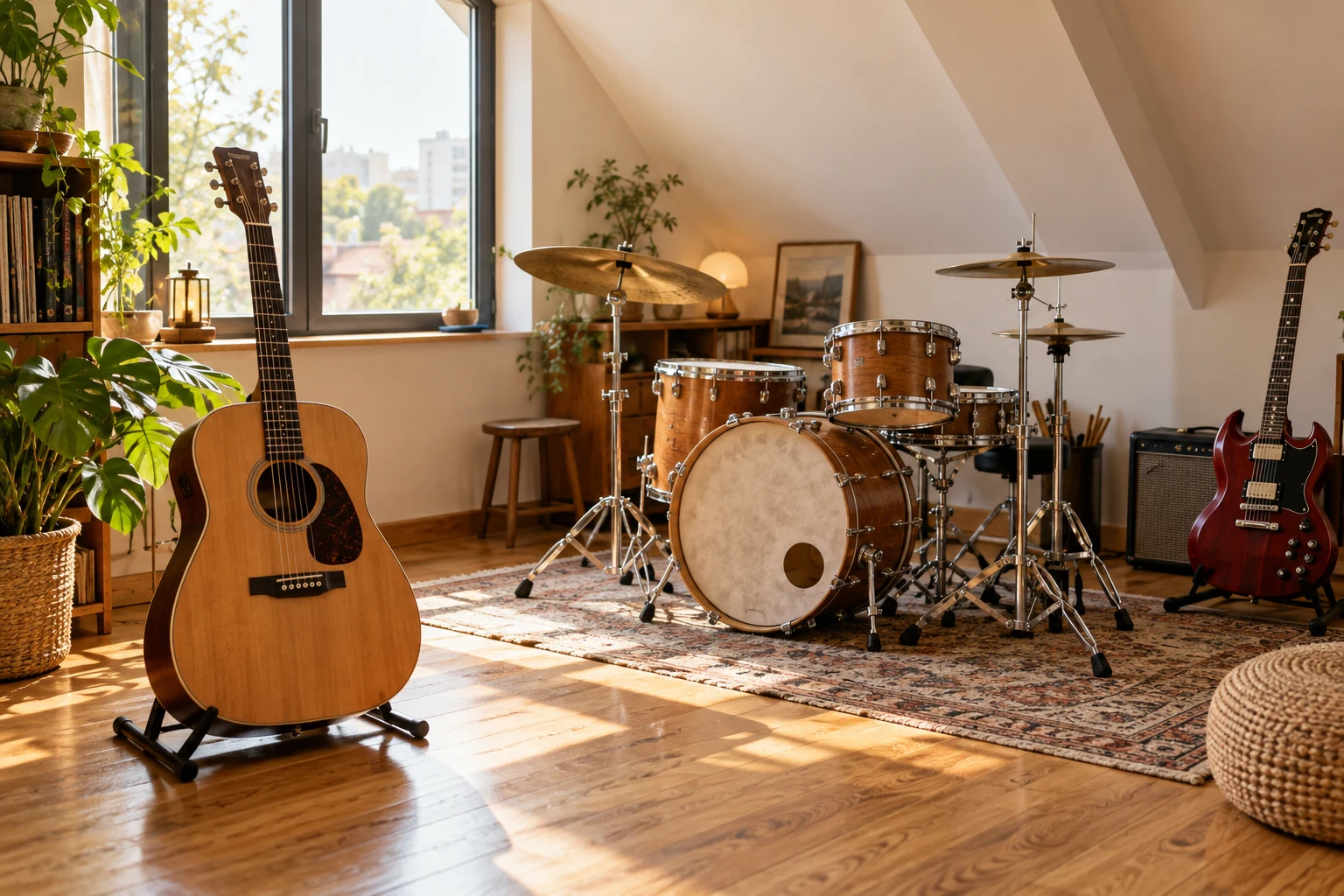 Minh họa góc âm nhạc sáng ấm với đàn guitar và bộ trống trong một căn gác xếp